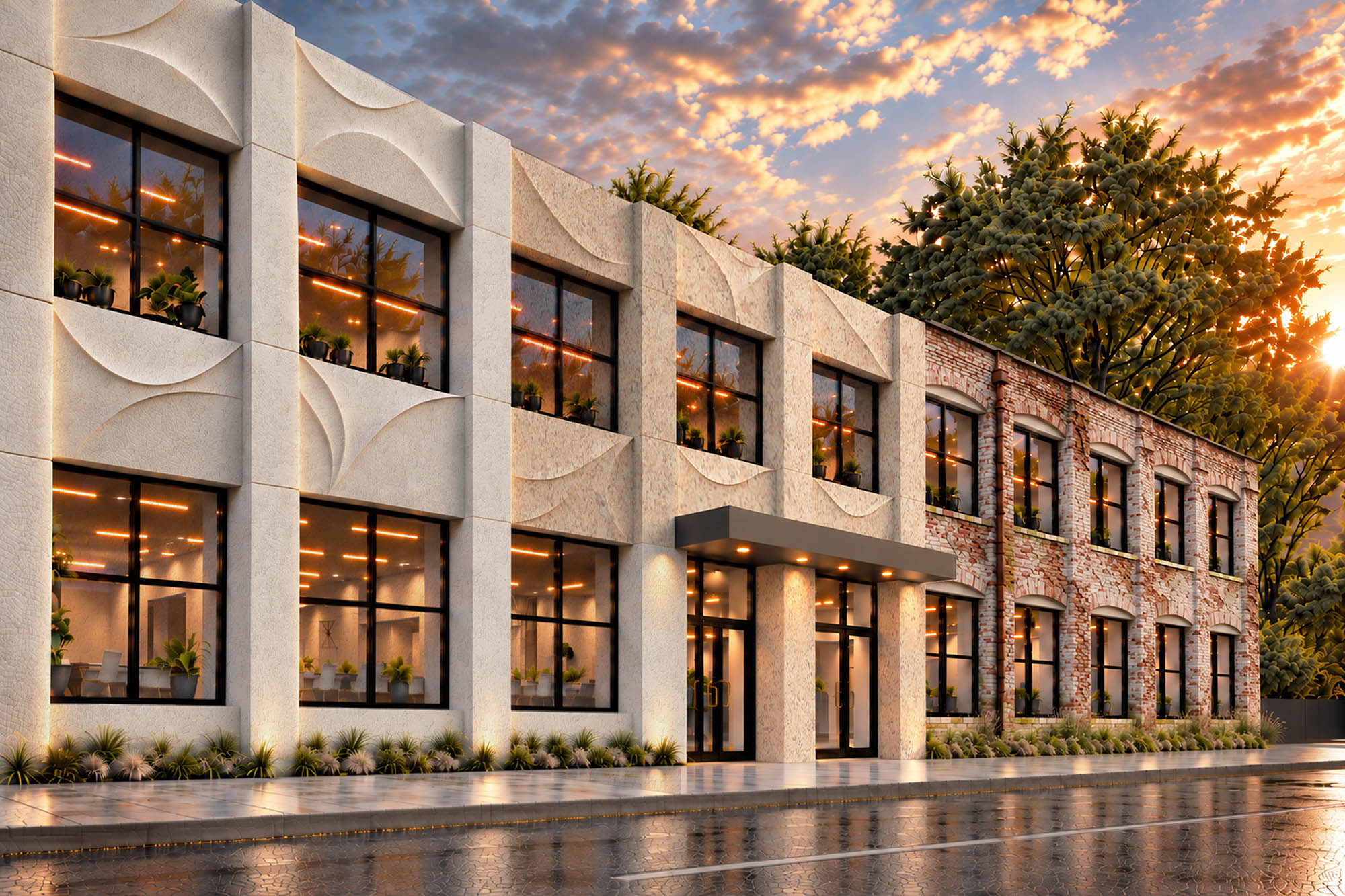 BranchRegenerate retrofit rendering of a two-story commercial building with a sculpted panel facade beside the original brick