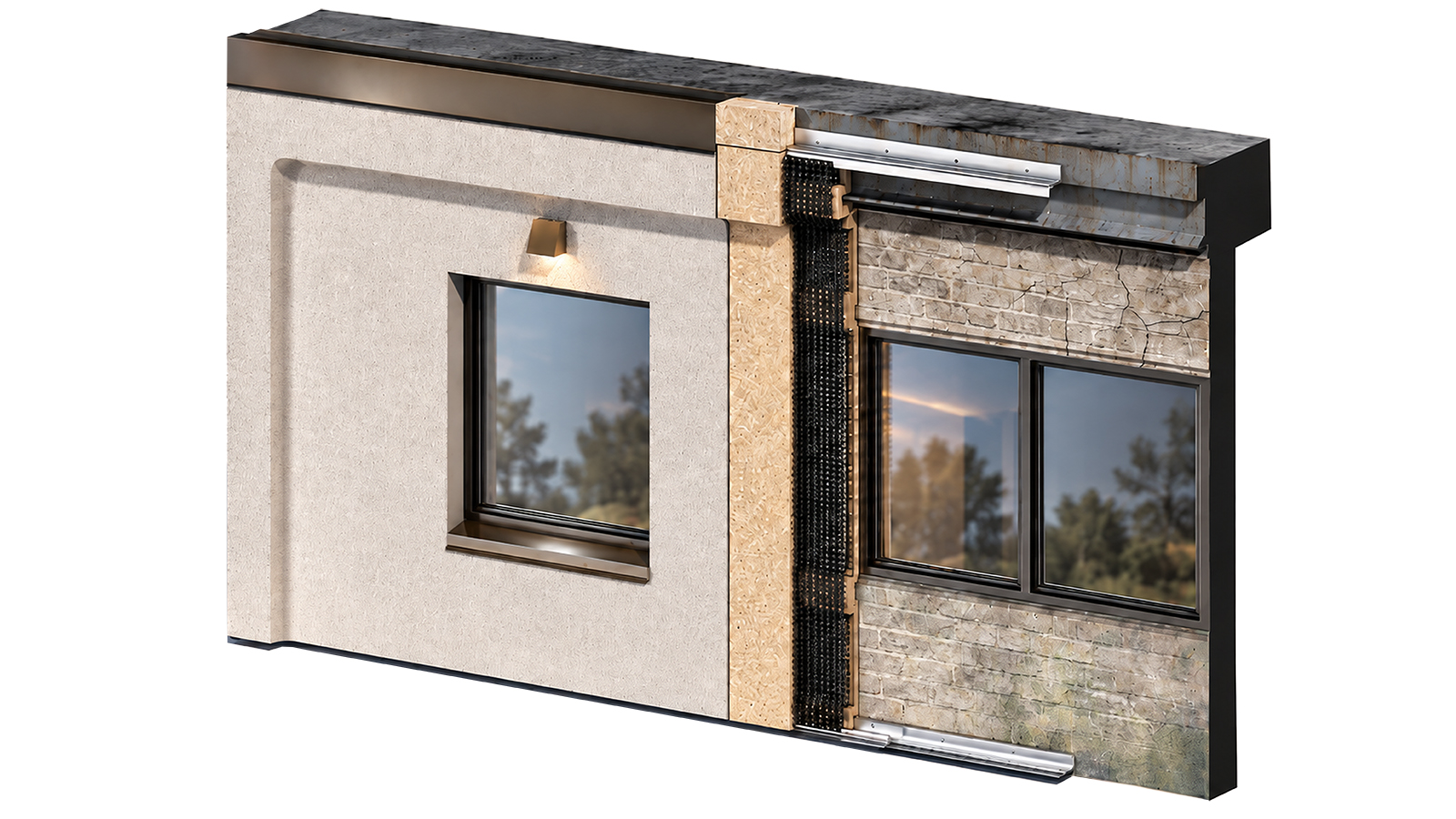 BranchRegenerate wall cutaway showing the new composite panel installed over an existing brick wall