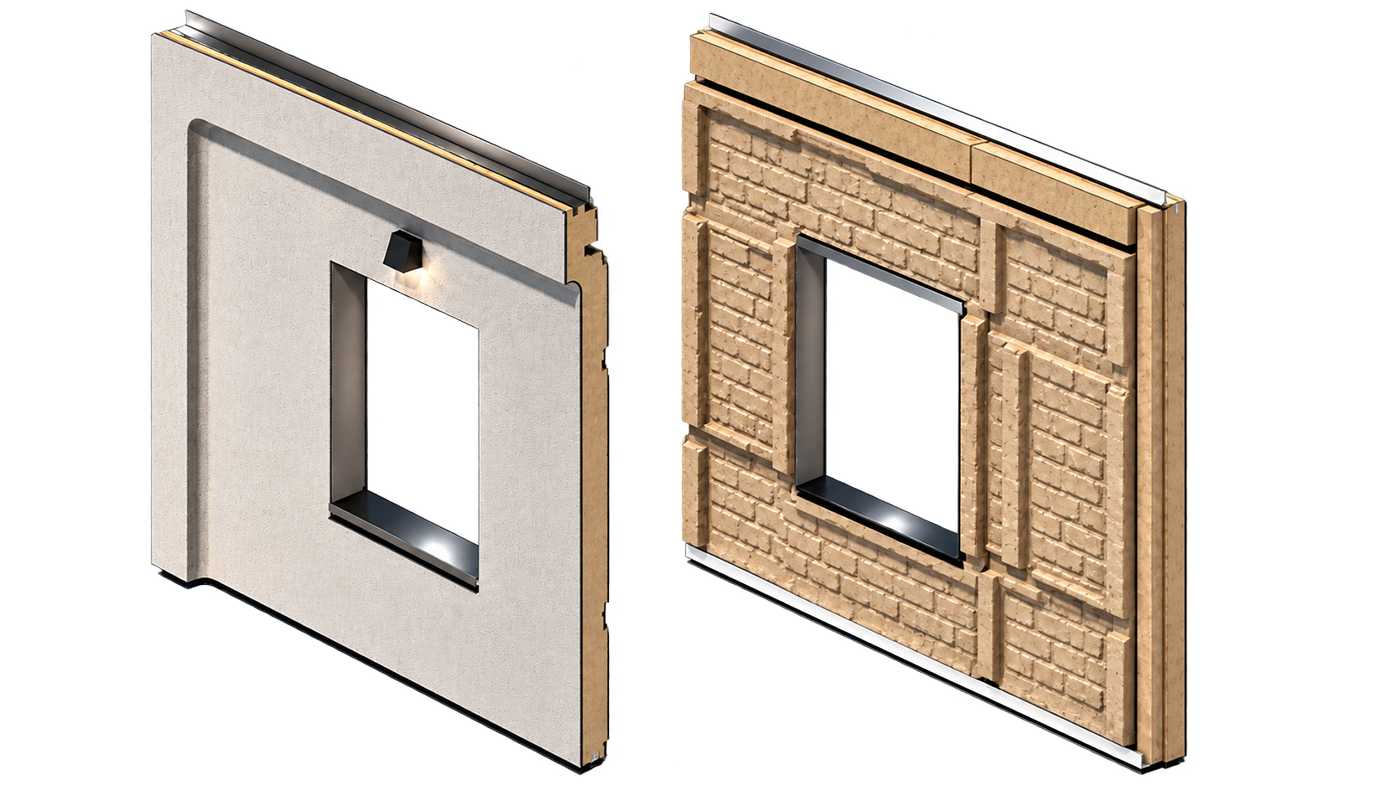 Two BranchRegenerate panels: the finished exterior face and the milled back that fits the existing brick wall